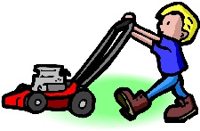 A boy mowing the lawn